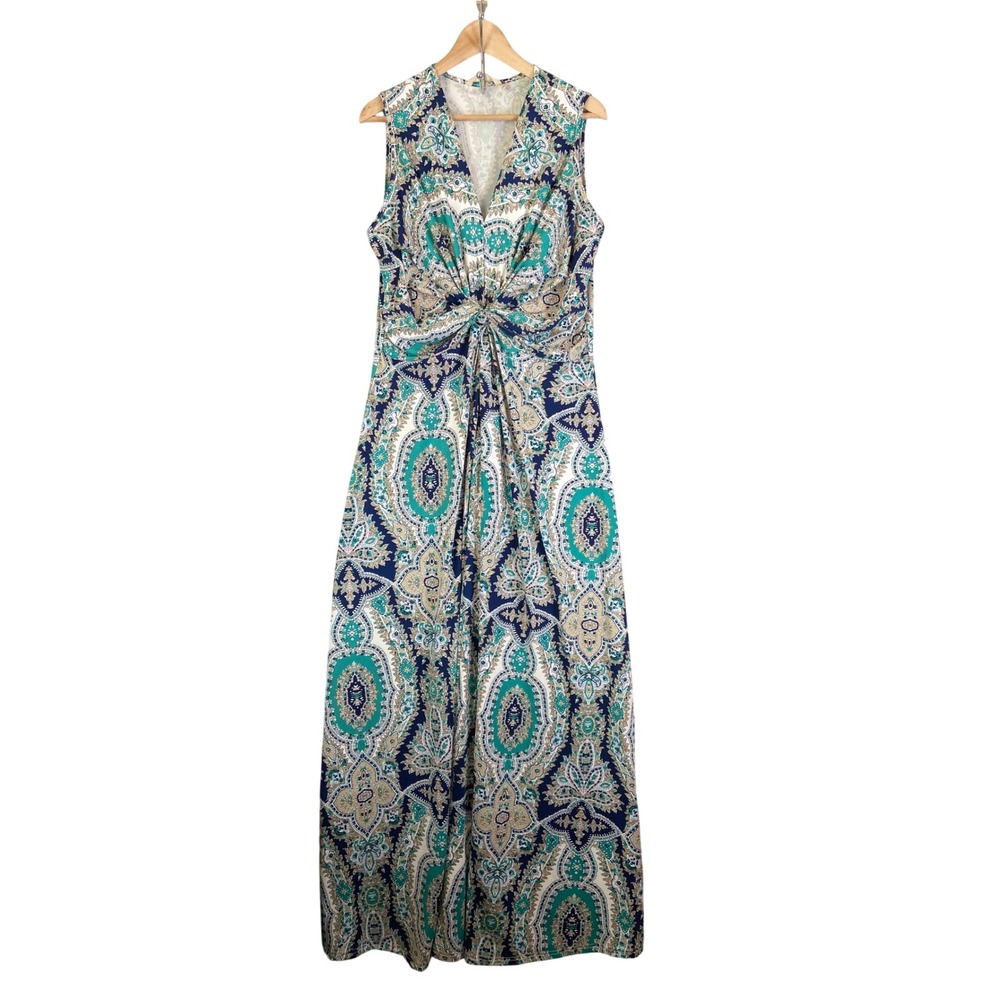Soft Surroundings Sleeveless Paisley Medallion V-Neck Knot Front Maxi Dress TL